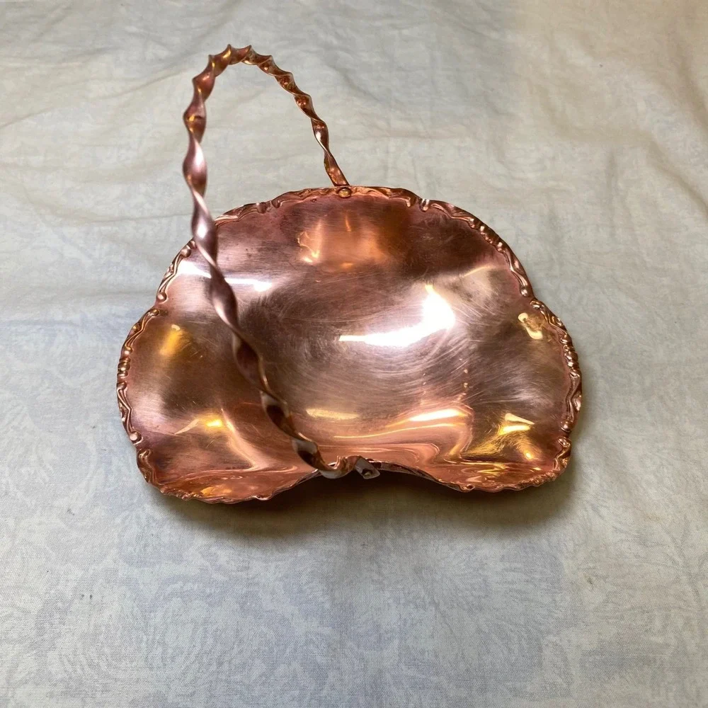 Vintage 1950s Copper Footed Basket Twisted‎ Handle Ruffled Edge Candy Dish